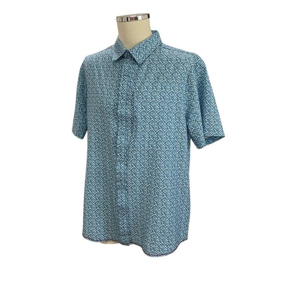 Projek Raw Blue Geometric Shirt Large Stretch Button Up Cruise Summer Streetwear - Picture 5 of 12